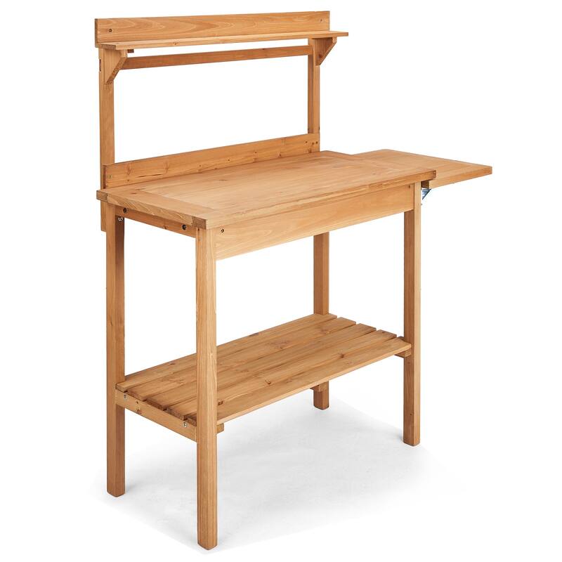 Natural Wooden Multi-Level Garden Potting Station with Foldable Side Pallet and Storage Shelf for Tools