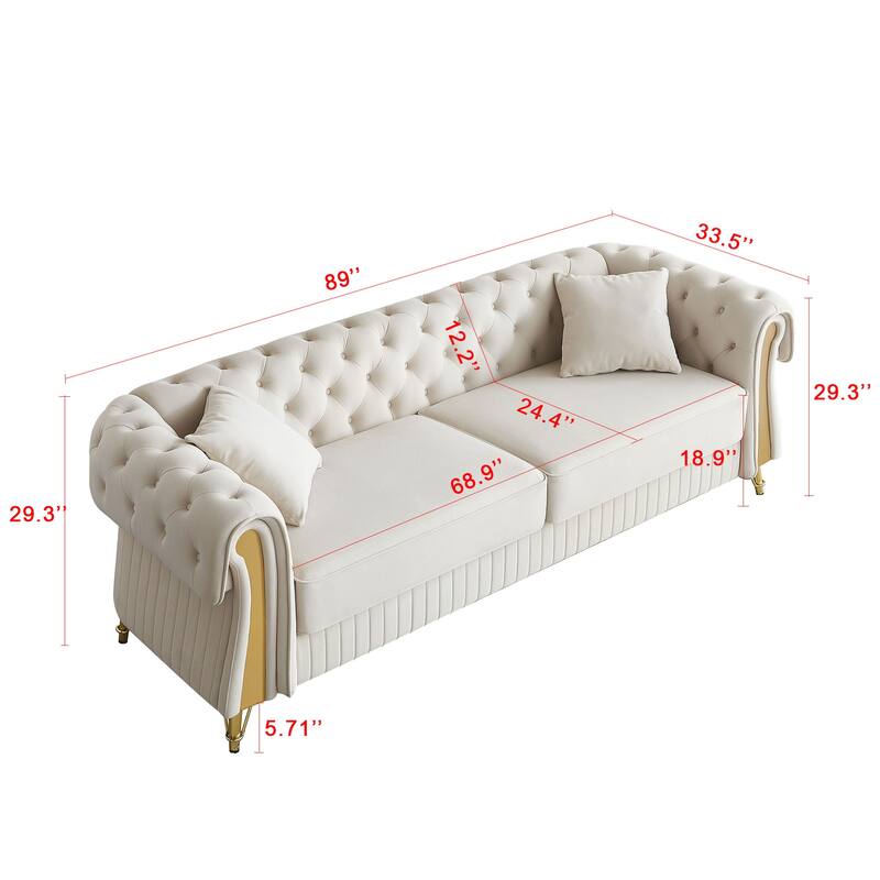 Oversized Chesterfield Tufted Sofa, Velvet Upholstered 3 Seater Sofa, Deep Seat Sofa with 2 Toss Pillows for Living Room