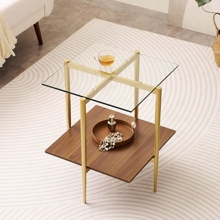 Mid-Century Modern Glass End Table with Walnut Shelf and Gold Metal ...