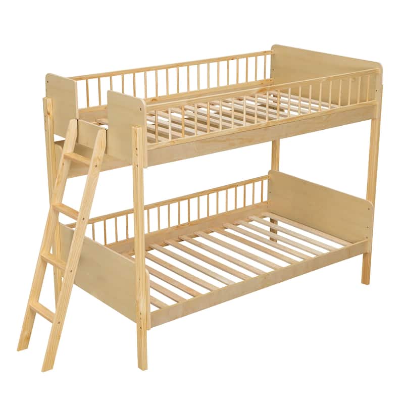 Twin Over Twin Wood Bunk Bed with 3 Storage Shelves, Reversible Ladder