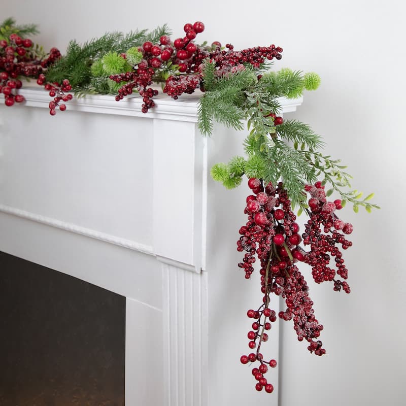 Frosted Red Berry, Burrs and Pine Artificial Christmas Garland - 5' x 8" - Unlit