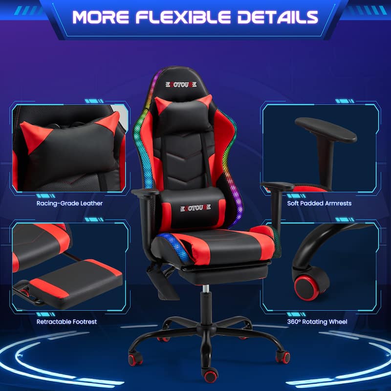 EROMMY RGB LED Gaming Chair with Massage Lumbar Support & Footrest, Ergonomic Reclining Computer Chair for Adults