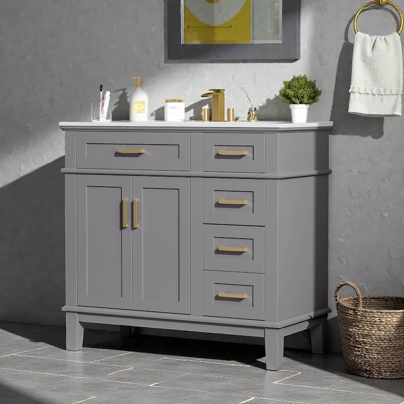 36 Inch Modern Bathroom Vanity with Ceramic Sink, Freestanding Cabinet with Soft Close Doors and 4 Drawers