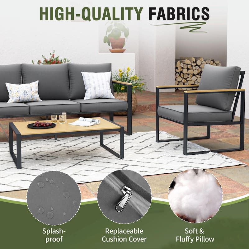 4-Piece Modern Outdoor Sofa Set - Iron Frame with Grey Cushions and Faux Wood Grain Coffee Table