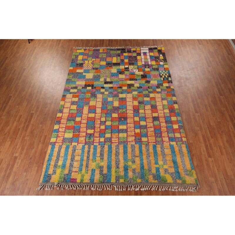 Colorful Checkered Moroccan Plush Area Rug Handmade Wool Carpet - 8'8" x 12'9"