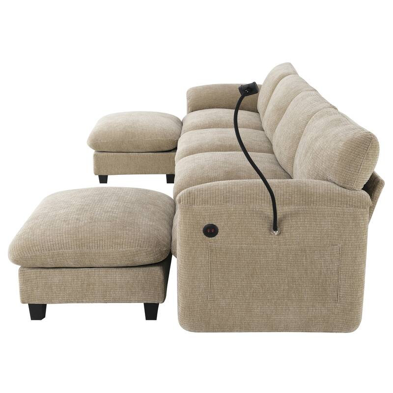 140-Inch Chenille Sectional Sofa with USB and Type-C Charging Ports, Phone Holders, Side Storage Pockets, Movement Ottomans
