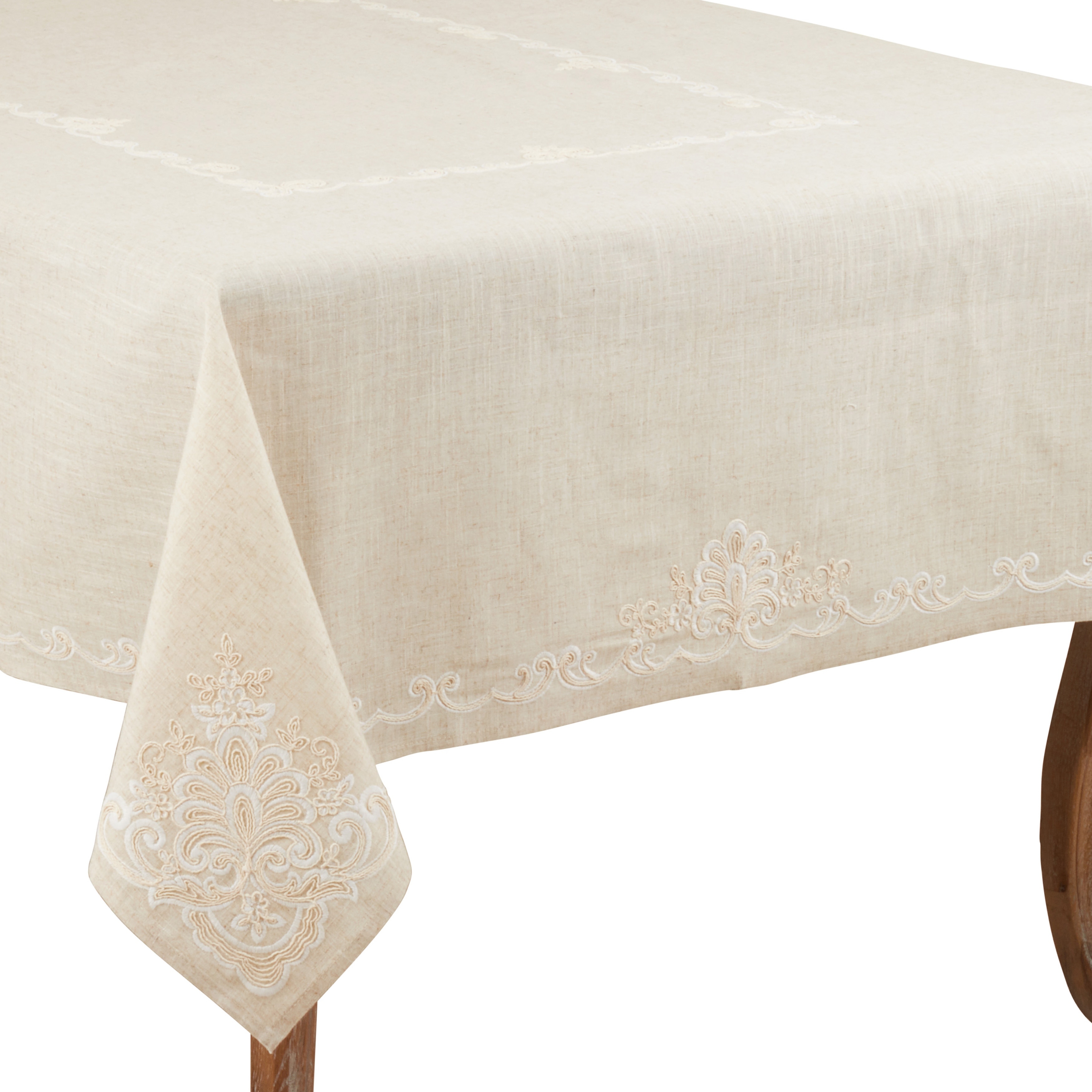 Beige White Gorgeous Elegantlinen Embroidered Tablecloth with Napkins 72x90" 
