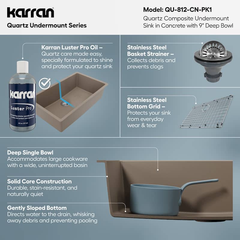Karran Undermount 32.5 in. Large Single Bowl Quartz Kitchen Sink Kit