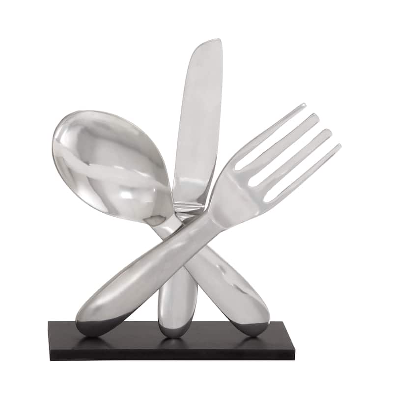 Aluminum Metal Utensils Sculpture with Black Base - Silver - Roche River Decor - 4"W x 13"L x 17"H