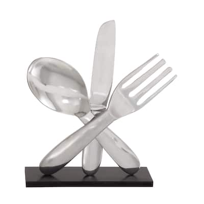 Aluminum Metal Utensils Sculpture with Black Base - Silver - Roche River Decor - 4"W x 13"L x 17"H