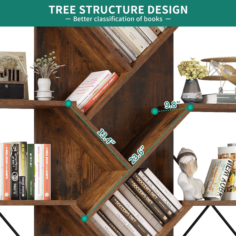 Moasis Wood 5-Tier Large Tree Bookshelf Industrial Open Etagere Bookcase