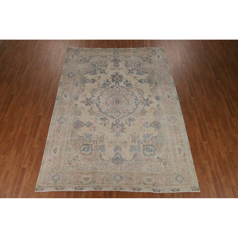 Tabriz Persian Area Rug Beige Oriental Hand-Knotted Wool Carpet - 7'11"x 11'0"