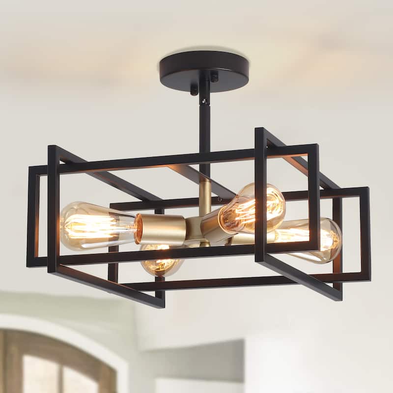 4 - Industrial Semi Flush Mount Ceiling Light Fixture - 15in - N/A - Black+Spray Gold