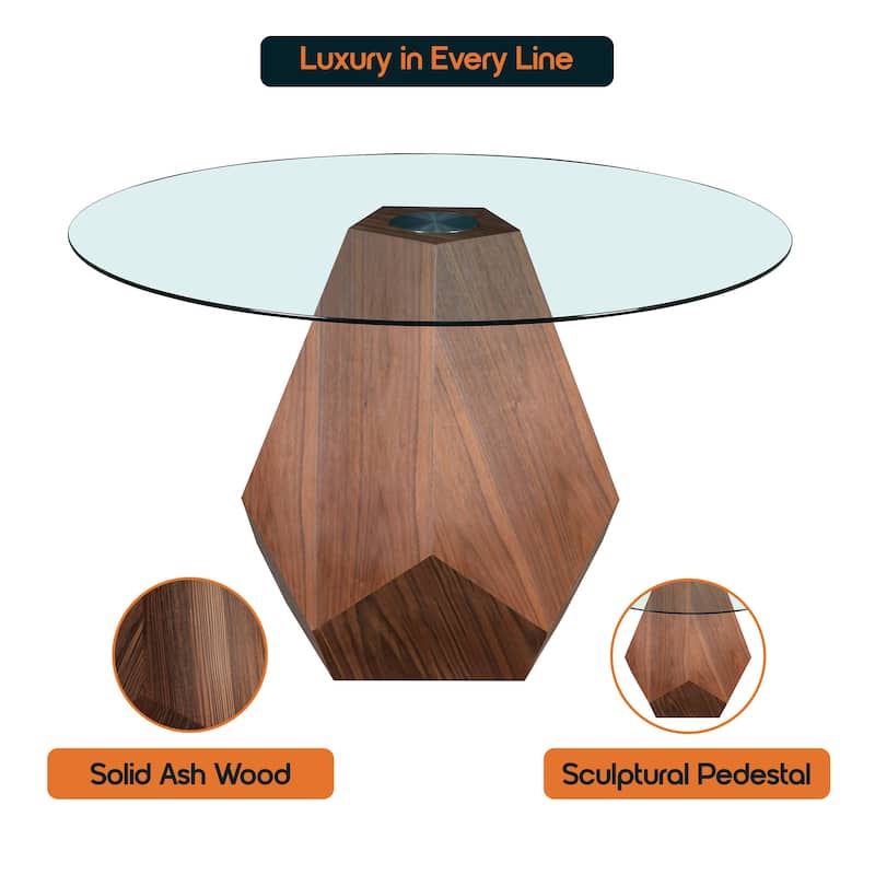 Nebo Round 47" Tempered Glass or Sintered Stone Top Dining Table with Geometric Design Ashwood Pedestal Base Kitchen Table
