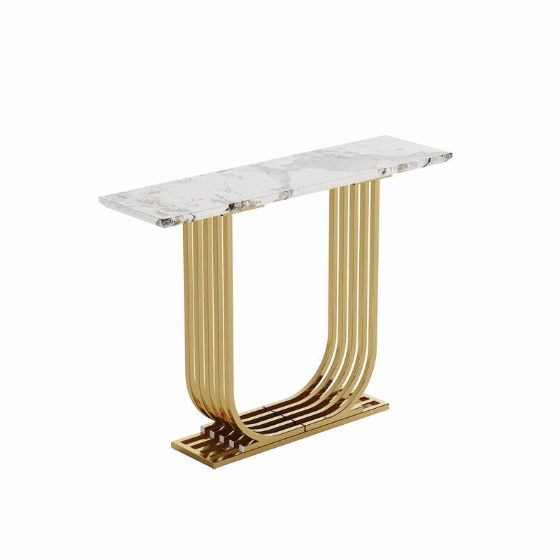 Modern 43.31" Console Table with Wooden Imitation Marble Top for Living Room or Sofa Area Configuration