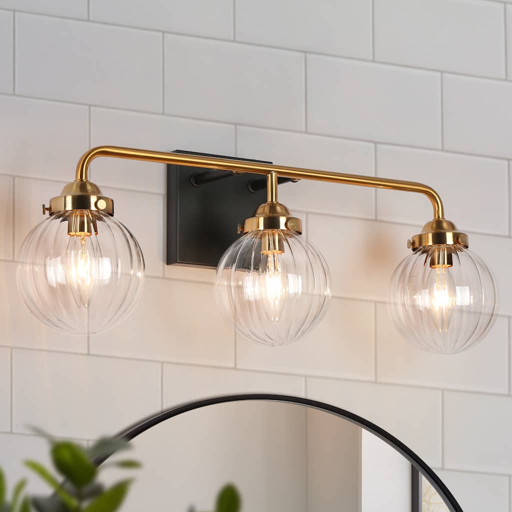 2/3/4-Light Black Gold Bathroom Vanity Light Modern Ribbed Glass Wall Sconces