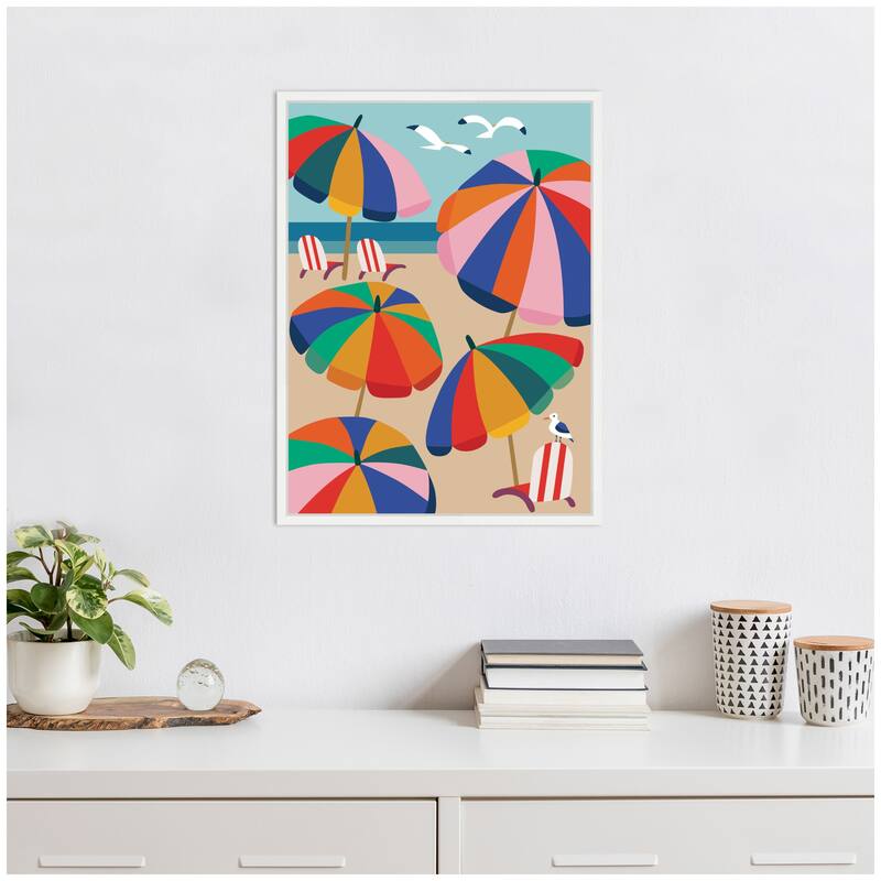 Kate and Laurel Coastal Beach Umbrellas by Rachel Lee Framed Canvas Wall Art Print