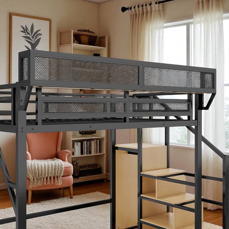 Full/Queen Metal Loft Bed with Storage Shelves, Staircase Wardrobe, High Loft Frame for Kids Teens, No Box Spring Needed