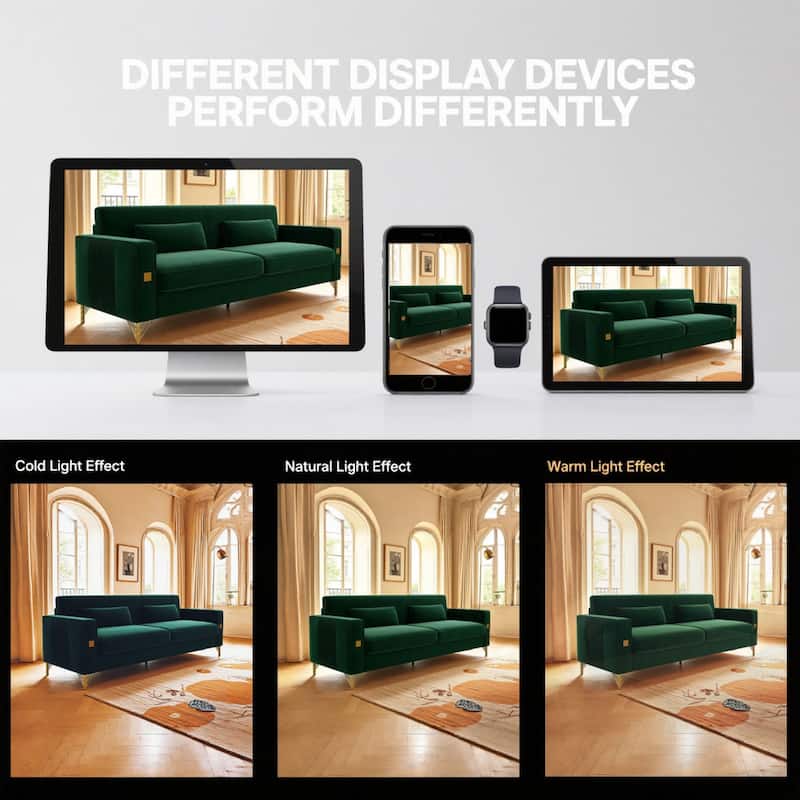 Roomfitters Mid-Century Modern Upholstered Sofa with Gold Metal Legs and Square Arms, Elegant Couch for Living Room