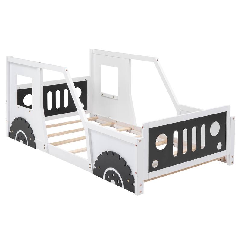 Classic White Twin-Size Car-Shaped Platform Bed with Decorative Wheels