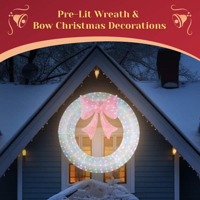 60in Pre-lit Outdoor Christmas Wreath Decoration, Lighted Metal Wreath with Pink Bow,for Front Door Gate Wall Holiday Party - Silver - 60in