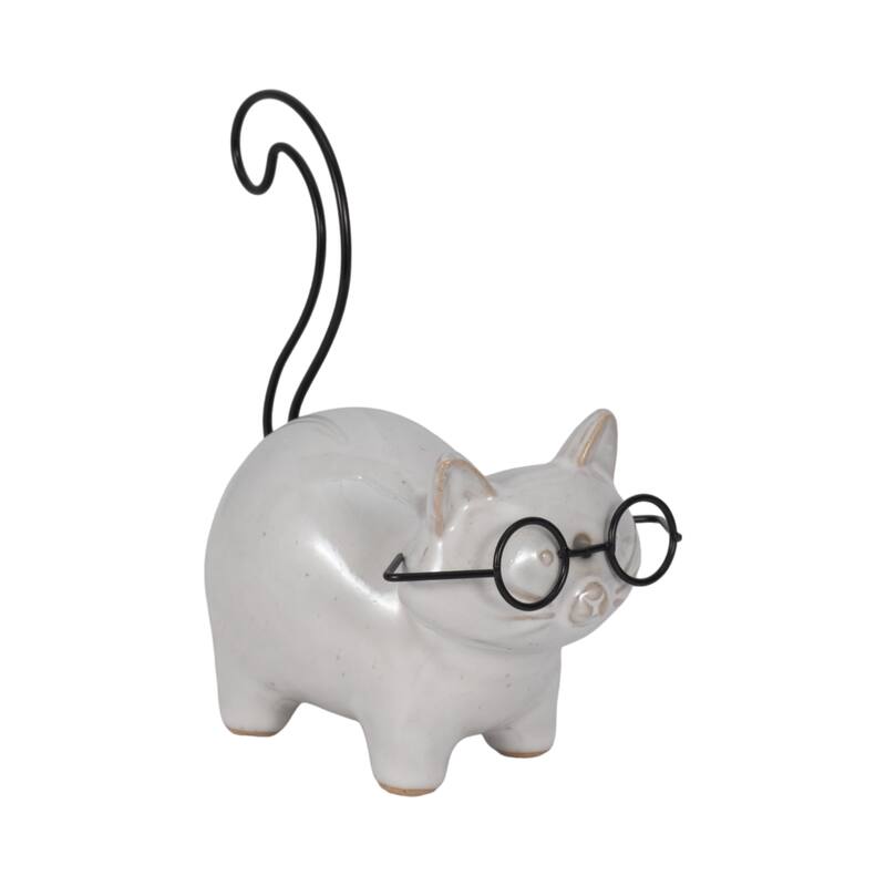 6" Ceramic Kitten with Glasses Figurine, Contemporary White and Black Standing Cat Decorative Accent For Home - 6" x 3" x 5" - Black/white - 6" x 3" x 5"
