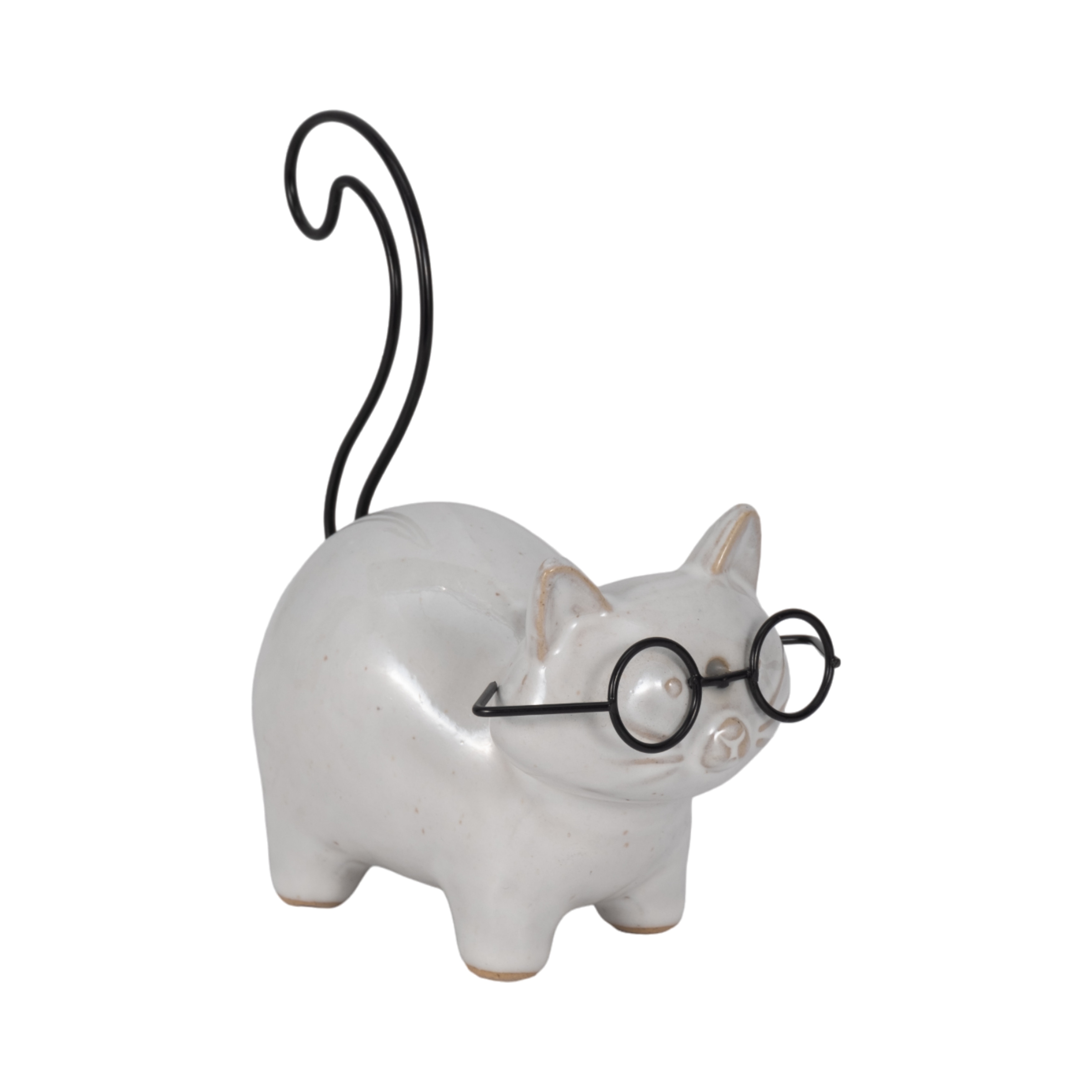 6" Ceramic Kitten with Glasses Figurine, Contemporary White and Black Standing Cat Decorative Accent For Home - 6" x 3" x 5"