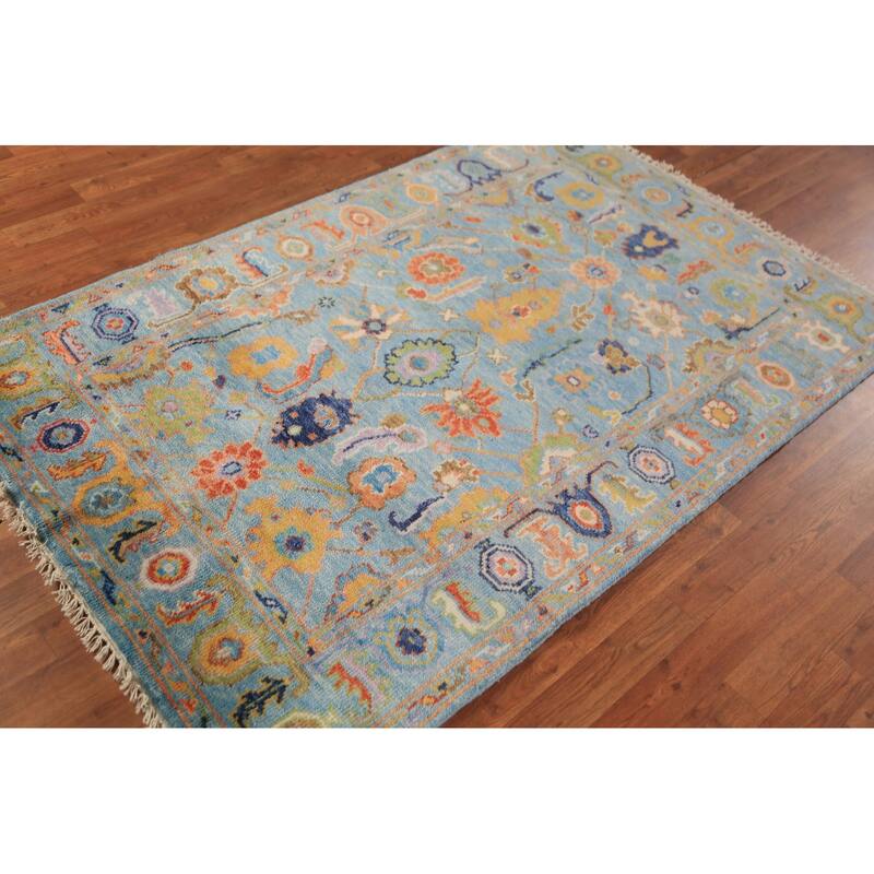 Blue Floral Oushak Oriental Rug Hand-Knotted Wool Carpet - 3'11"x 6'1"