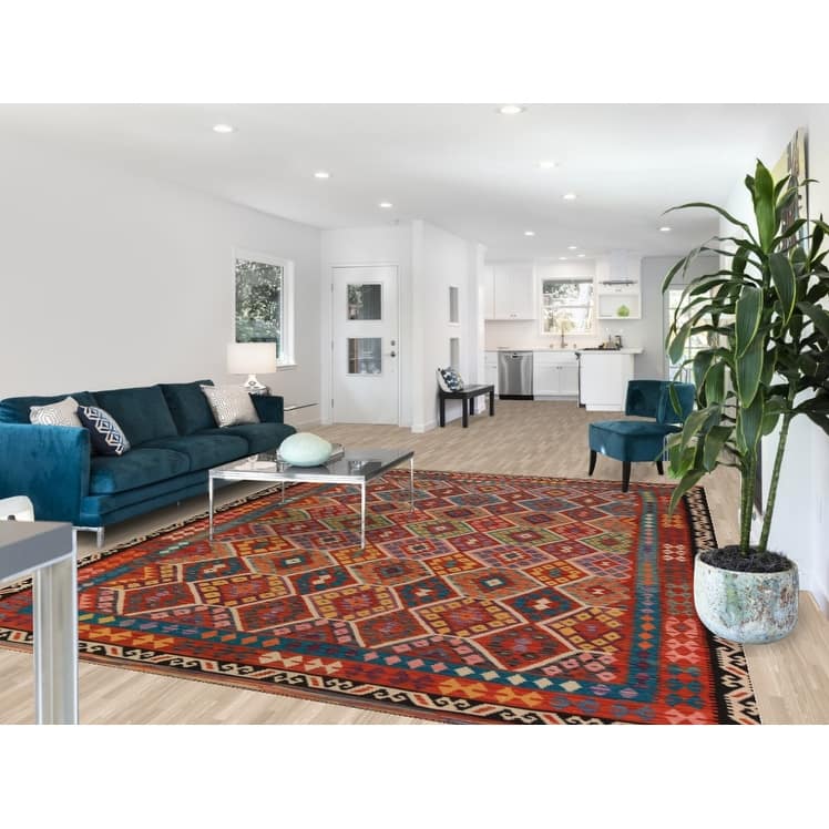 Geometric Kilim Oriental Area Rug Hand-Woven Bedroom Wool Carpet - 8'6"x 11'1"