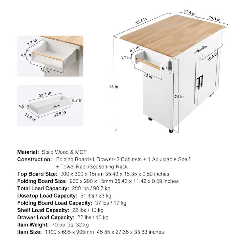 White Wood Kitchen Island Cart with Drop Leaf, Storage and Lockable Wheels - 35.4” L x 26.7” W x 35” H