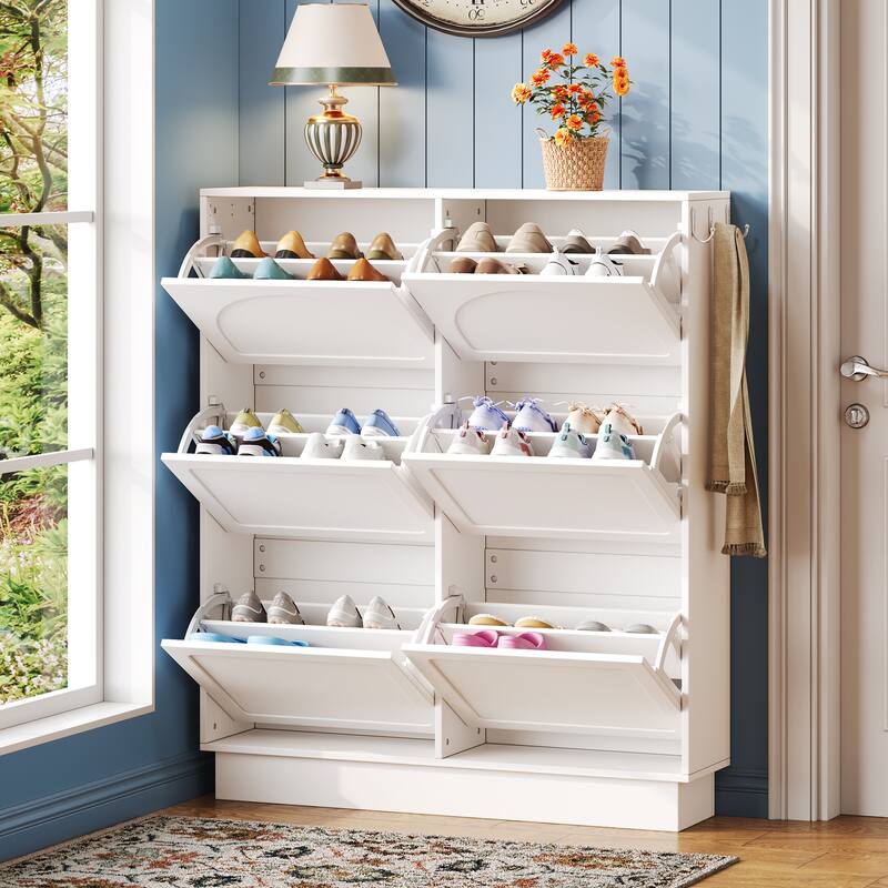 Narrow Flip Drawer Shoe Storage, Space Saving Entryway Organizer with Adjustable Shelf, Free-Standing Shoe Rack with 3 Hooks - White