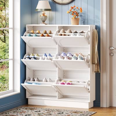 Narrow Shoe Cabinet with 6 Flip Drawers - Space Saving Entryway Organizer with Adjustable Shelf & 3 Hooks