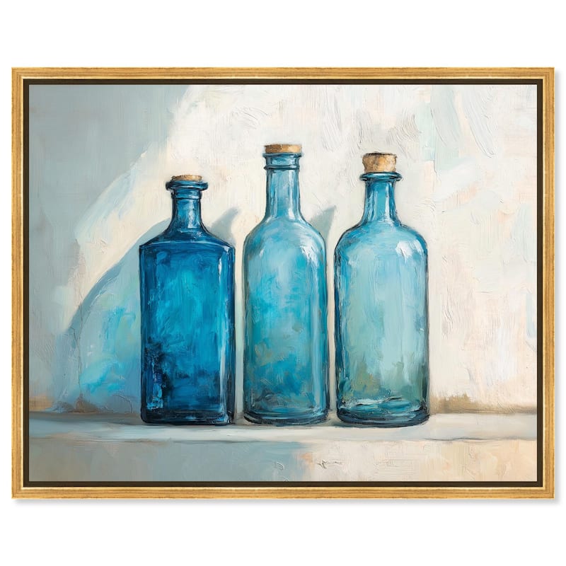 Three Blue Bottles Canvas by Art Remedy - Gold - 20" x 16"