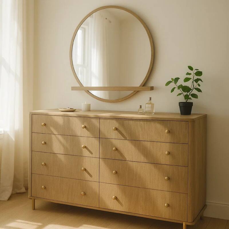 Fij Wide Dresser with Mirror, 8 Drawers, Sand Wash Brown, Brass Knobs