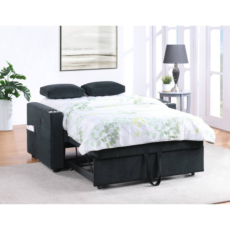 3 in 1 Convertible Pull Out Couch, Tufting Loveseat with Cupholders and USB Ports, 2 Seater Sofa with Pillows and Storage Bag