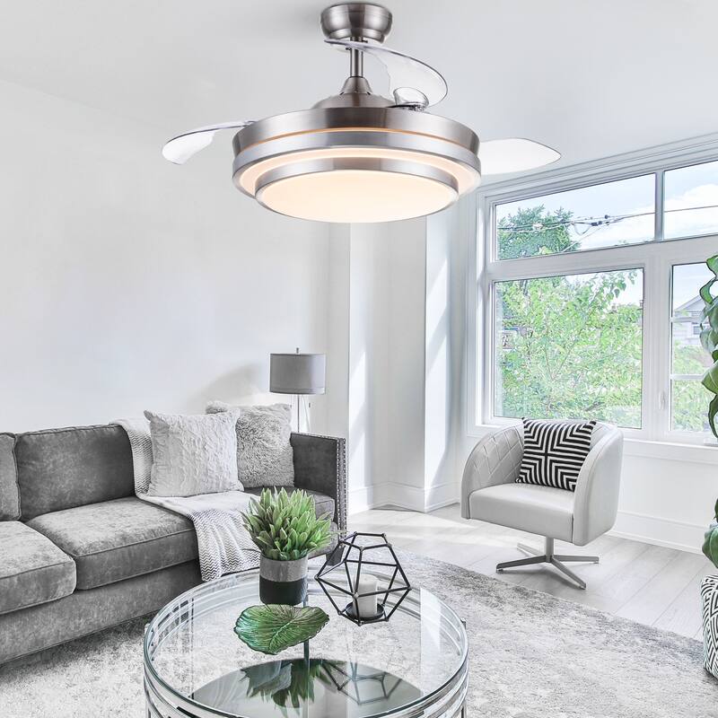 42 inch Reversible Retractable Modern Decorative Silver/white Ceiling Fan With Light and Remote - 42inch