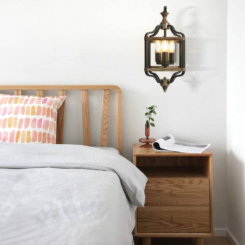 CurveCurio 17" Antique Matte Black Wall Light Metal Farme and Solid Wood Shade, 3 Light Wall Sconces - 12"*8"*17"