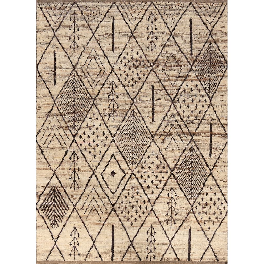Geometric / Modern Moroccan Oriental Rug Handmade Beige Wool Carpet - 6'1" x 7'7"