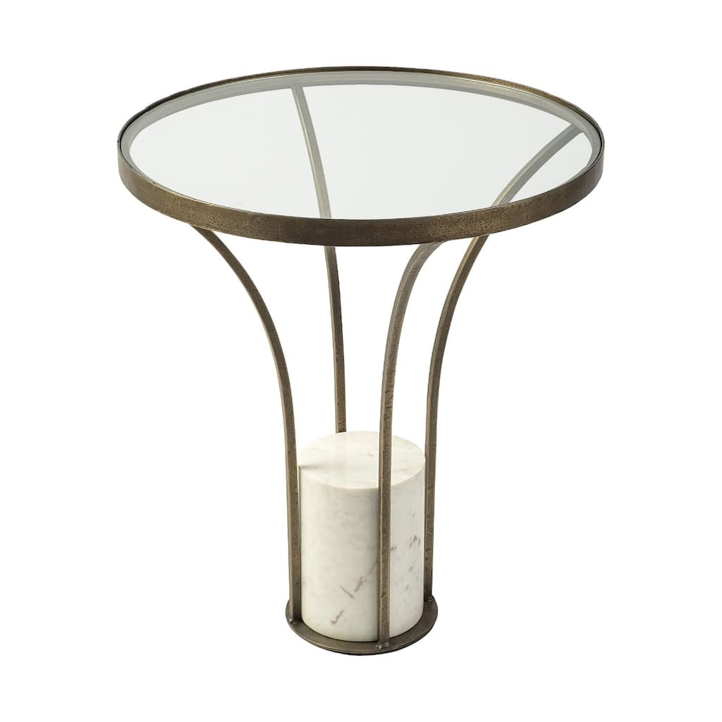 24-Inch Black and White Glass Round End Table with Gold Metal Base - 21" x 21" x 24"