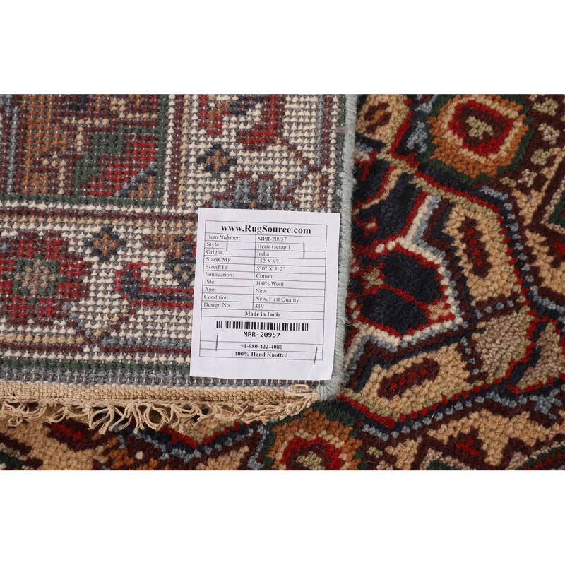 Geometric Blue Heriz Serapi Oriental Accent Rug Handmade Wool Carpet - 3'2" X 5'0"