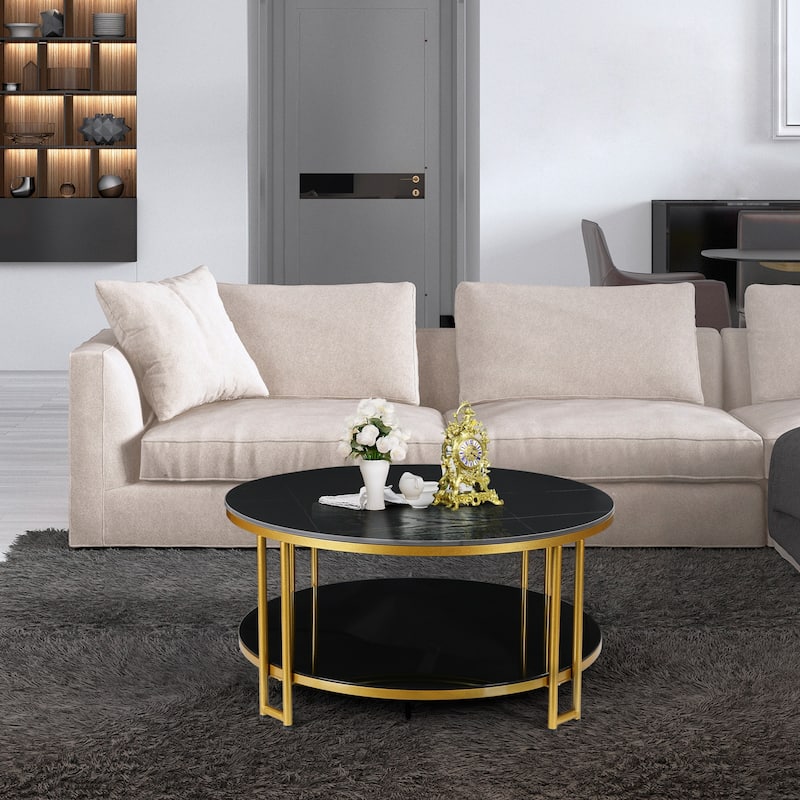 Marsie Modern Round Marble Coffee Table Two-tier Black Gold Tempered Glass Storage Table Top - 36''D x 17.5" H