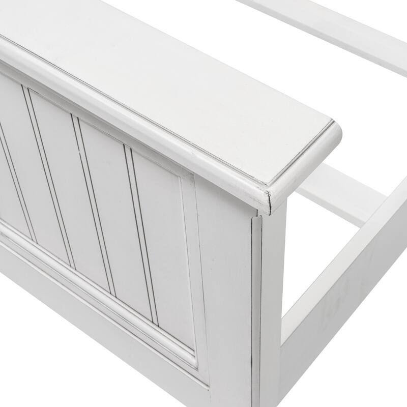 HomeRoots White Carved Geometric Distressed Solid Wood Queen Bed Frame