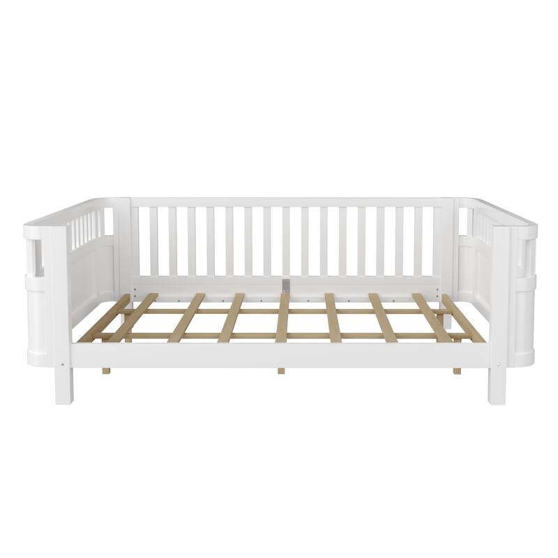 Roomfitters Queen Platform Bed, Low Profile Slatted Daybed with Wooden Frame and Removable Guardrails for Bedrooms
