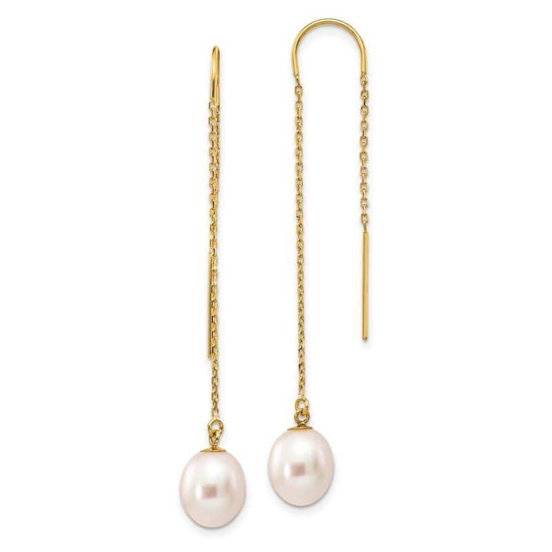 Curata 14k Yellow Gold 7-8mm White Freshwater Cultured Rice Pearl Dangle Threader Earrings (56mm)