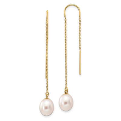 Curata 14k Yellow Gold 7-8mm White Freshwater Cultured Rice Pearl Dangle Threader Earrings (56mm)