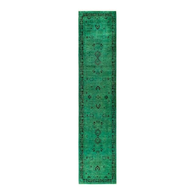 Overton Hand Knotted Wool Vintage Inspired Modern Contemporary Overdyed Green Area Rug - 2' 7" x 12' 3"