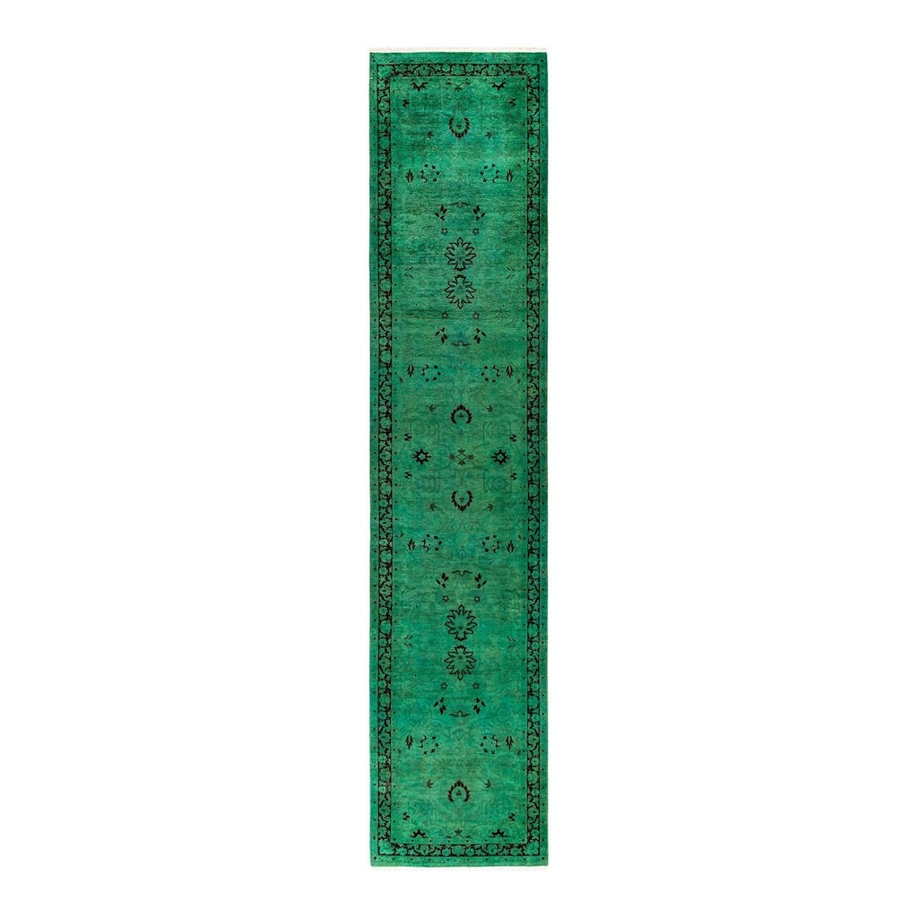 Overton Hand Knotted Wool Vintage Inspired Modern Contemporary Overdyed Green Area Rug - 2' 7" x 12' 3"