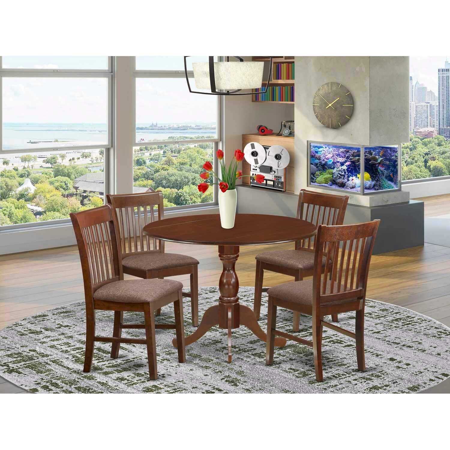 HomeStock 5-Piece Mahogany Finish Solid Wood Top Dining table with 4 Chairs with Slat Back