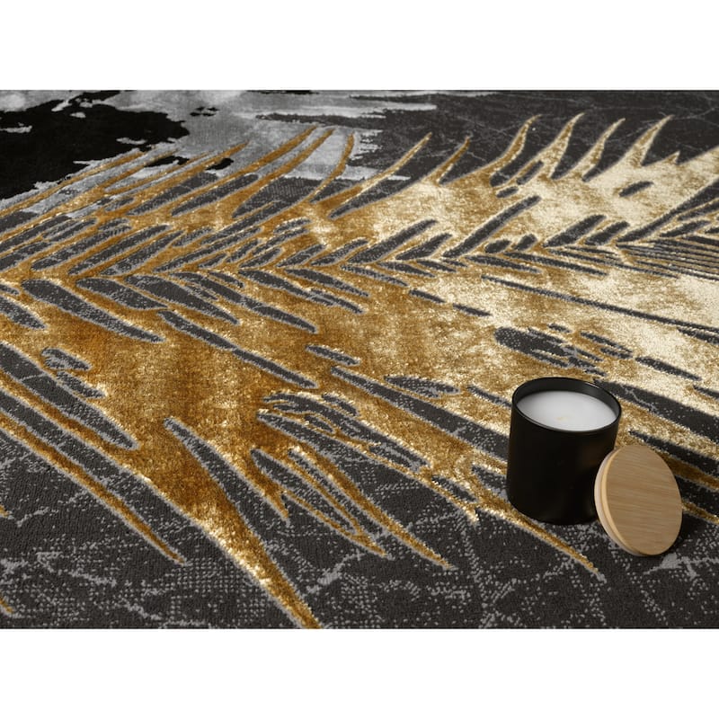 Mila Collection Botanical Dark Grey with Black and Gold Contemporary Area Rug