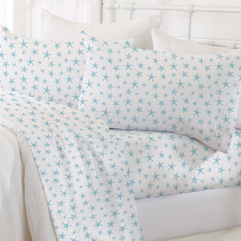 Linery & Co. Ultra-Soft Coastal-Inspired Brushed Microfiber Sheet Set - King - Starfish - Blue